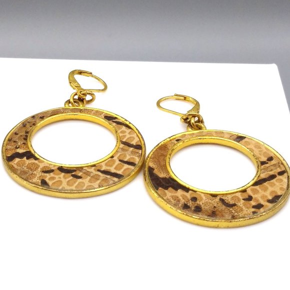 Vintage Snake Skin Hoop Earrings, Gold Tone Dangles - Picture 2 of 4